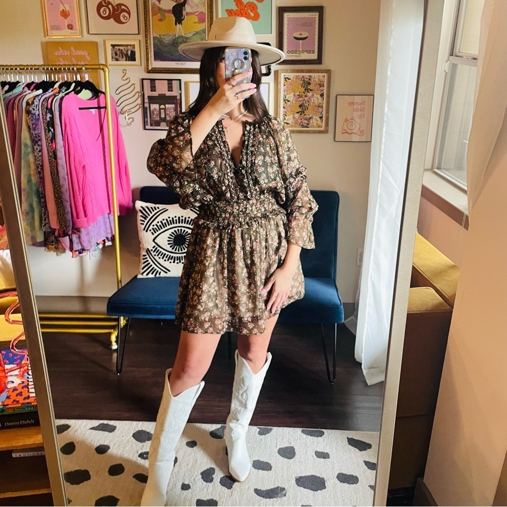 Zara Beaded Floral Smocked Peasant Mini Dress